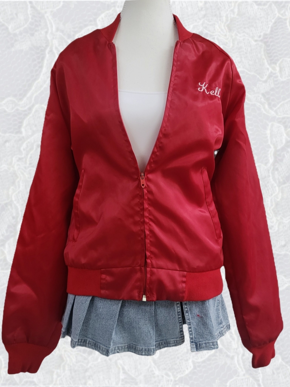 Red Satin Bomber Jacket with Embroidered Name Dodge Boys
